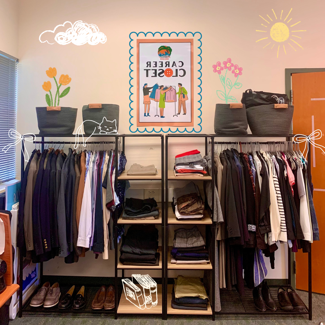 Picture of the Career Center's "career closet", a rack displaying the donated professional and work setting clothing, with doodles of flowers and a cat overlayed.